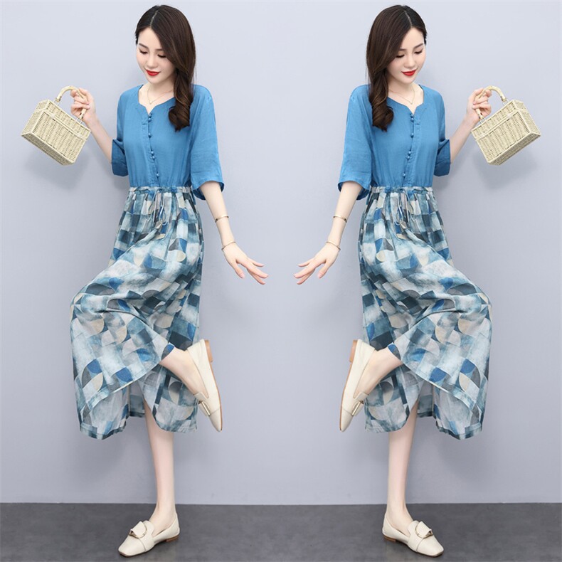 棉麻连衣裙女夏季2022新款宽松中年妈妈夏天薄款印花苎麻长裙现货,女装连衣裙,一安秀