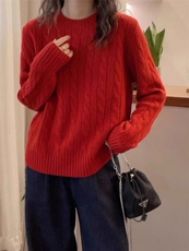 欧货麻花加厚圆领羊绒针织衫女秋冬宽松显瘦正肩毛衣打底羊毛衫，女装针织衫/毛衣，思途羊绒