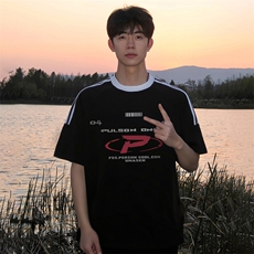 夏季美式高街重磅纯棉三条杠织带撞色男女短袖T恤ZD552-特P30，男装T恤，电商A486