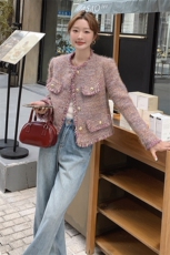 粉紫色流苏小香风毛呢外套女春季新款法式名媛气质百搭粗花呢上衣，女装短外套，浙宝069