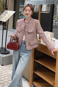 粉紫色流苏小香风毛呢外套女春季新款法式名媛气质百搭粗花呢上衣图片
