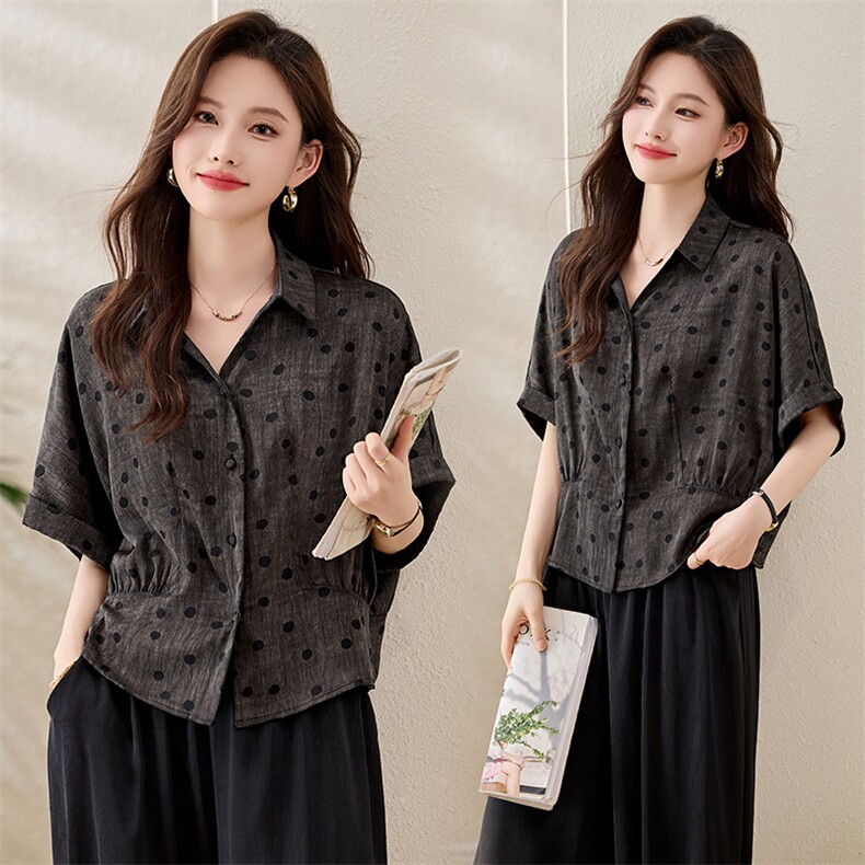 高级感波点印花衬衫女2025夏季小个子短款宽松蝙蝠袖休闲气质小衫，女装衬衫，恋慕依尚