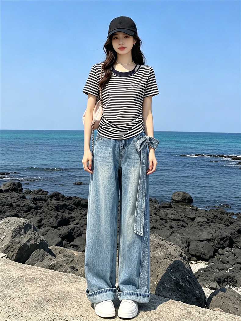 慵懒风时尚休闲套装女夏季新款圆领条纹短袖上衣烫钻牛仔裤两件套,女装套装/套裙,江南