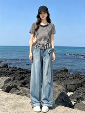 慵懒风时尚休闲套装女夏季新款圆领条纹短袖上衣烫钻牛仔裤两件套，女装套装/套裙，江南