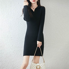 2025秋冬新款翻领加厚抽条长款100%羊毛打底衫连衣裙针织毛衣女，女装连衣裙，暖绒情旗舰店