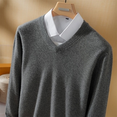 2025年秋季新款十二针平面针织V领羊绒上衣时尚休闲通勤百搭，男装羊绒套衫，高粱穗羊绒