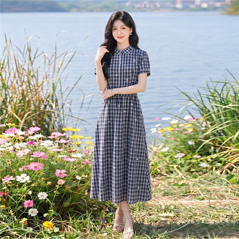 夏季格纹绣花收腰显瘦学院风优雅气质连衣裙,女装连衣裙,水衣源