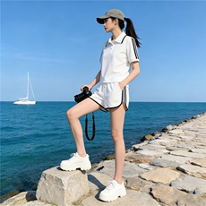 高品质运动休闲套装女夏新款纯色撞色拼接翻领短袖上衣短裤两件套，女装套装/套裙，江南