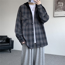美式复古连帽格子衬衫大码磨毛长袖衬衣慵懒风宽松外套CS9007/P55，男装衬衫，电商B238