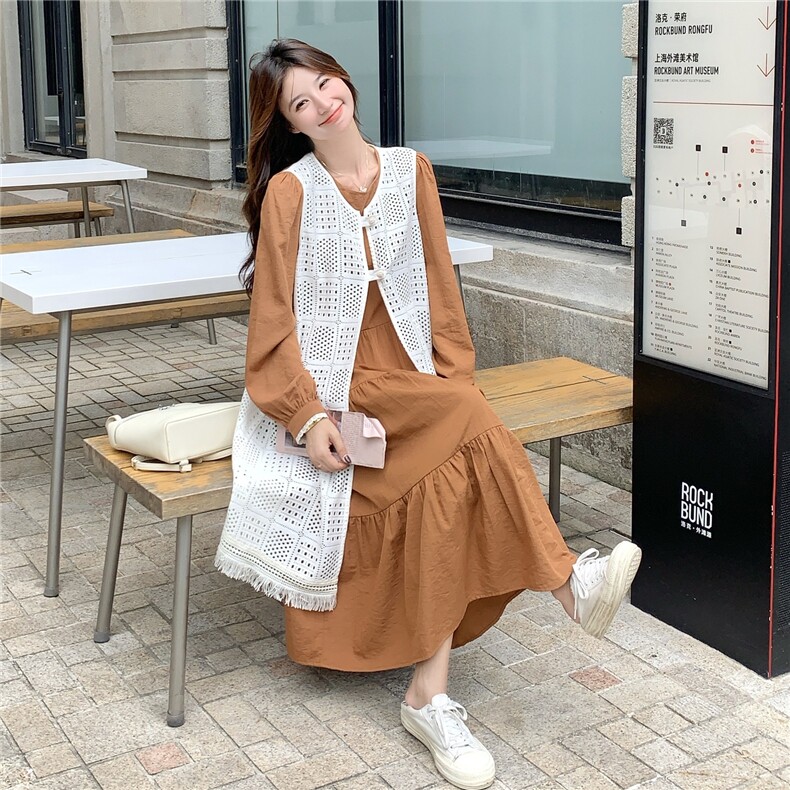 法式复古镂空流苏罩衫套装裙女2025初秋新款气质显瘦连衣裙两件套,女装套装/套裙,2C218