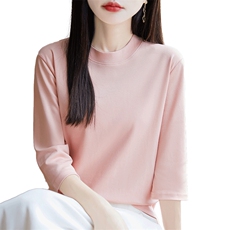 时尚半高领七分袖纯棉T恤女夏季新款修身显瘦百搭上衣，女装T恤，羊秋羊绒
