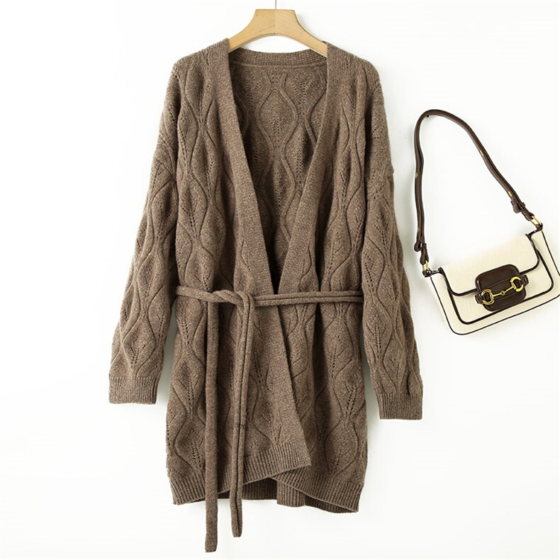 女士秋冬时尚新款简约百搭三镂空羊毛开衫，女装羊毛衫，奥千羊绒