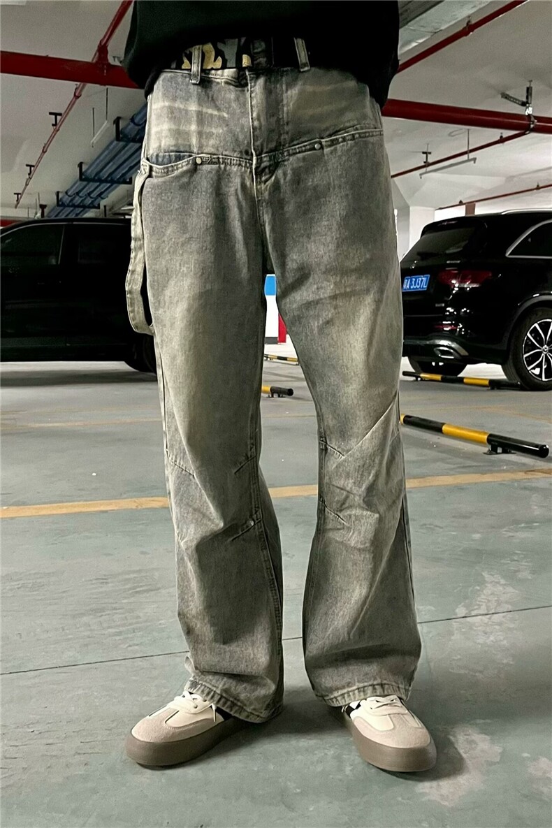 美式水洗做旧直筒牛仔裤女春秋季新款拼接工装裤宽松显瘦阔腿裤子,男装牛仔裤,星座218-1（原230）