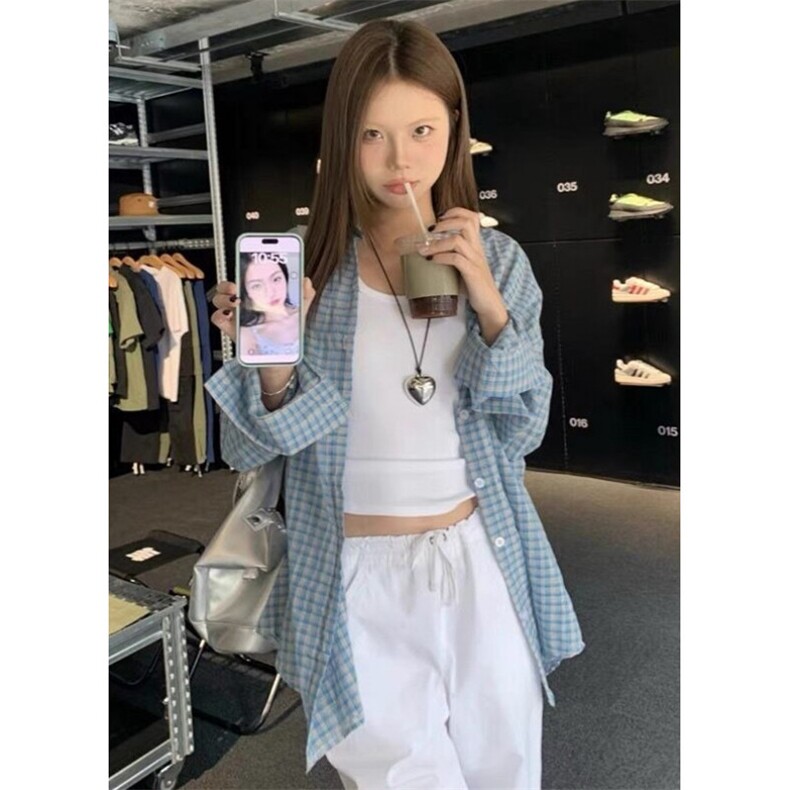 长袖格子衬衫女2026夏季新款慵懒风小众薄款宽松格纹衬衣CS10,男装衬衫,星座1116A（原606A-3）