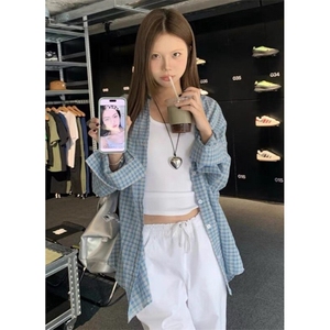 长袖格子衬衫女2026夏季新款慵懒风小众薄款宽松格纹衬衣 CS10图片