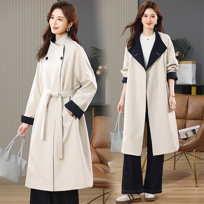 撞色风衣女中长款2025春秋季新款中老年妈妈宽松大码时尚休闲外套，女装风衣，江忆布依