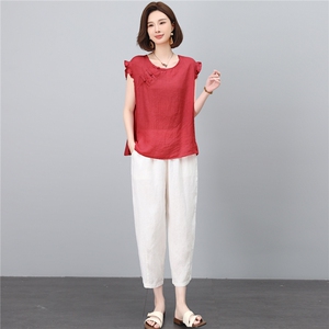棉麻套装女2026夏季新款中年妈妈洋气减龄苎麻条纹衬衫休闲两件套图片
