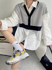 现货欧货春装新款条纹拼接衬衫，女装衬衫，AT(2F)