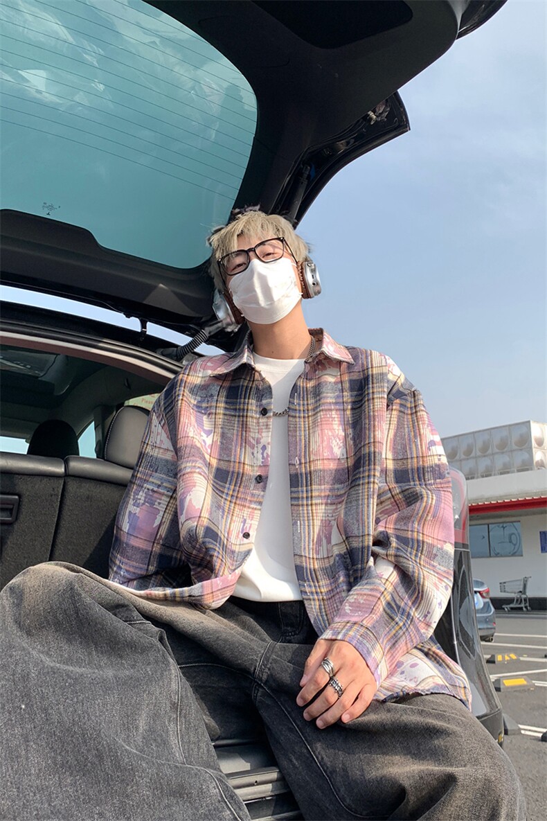 美式扎染条纹格子衬衫男女复古长袖衬衫上衣外套C2239-特价P28,男装衬衫,电商A007