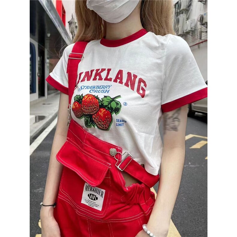 美式复古辣妹红色牛仔背带裤女夏季新款直筒阔腿吊带长裤子ins潮,男装休闲裤,星座1210-1