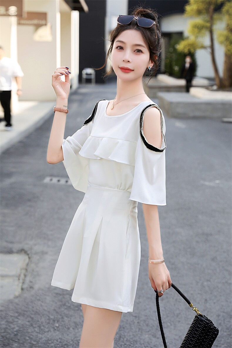 2025新款夏装时尚高腰减龄阔腿短裙裤套装女显瘦洋气荷叶边雪纺衫,女装套装/套裙,卡杰菲