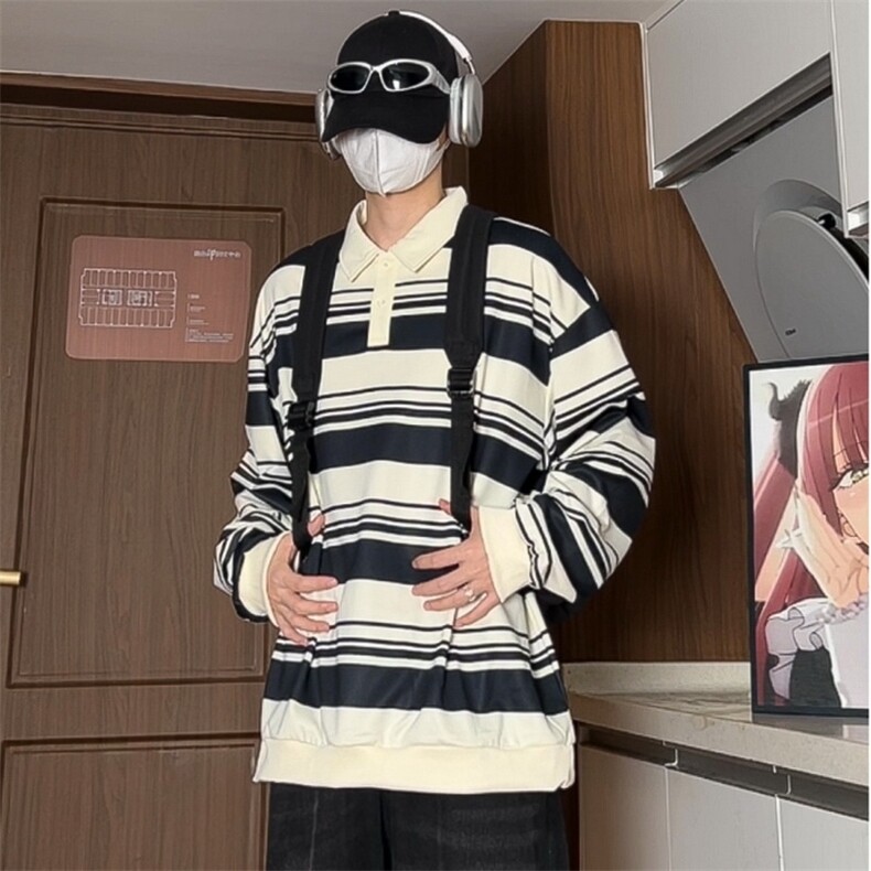 日系条纹POLO衫卫衣男春秋潮牌宽松休闲百搭情侣卫衣上衣8825/P40,男装Polo衫,星座506
