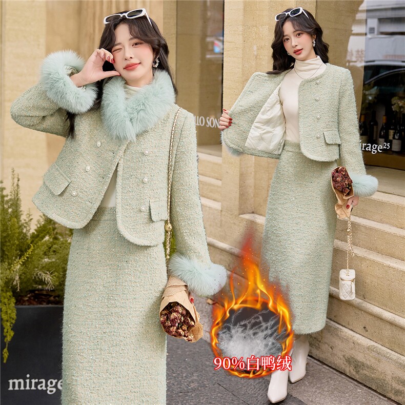 【bao款大货已出】2025冬装长裙套装50%羊毛90%聚酯纤维狐狸毛,女装套装/套裙,雅静靓衣