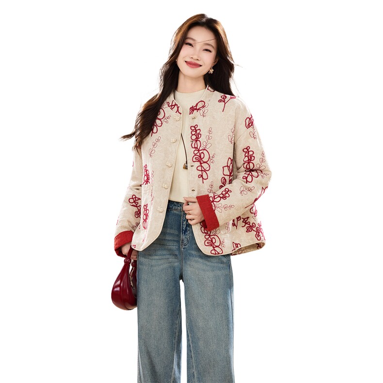 冬季新款新中式小立领重工刺绣双口袋宽松版洋气时尚棉衣外套女,女装棉衣/棉服,央宝儿