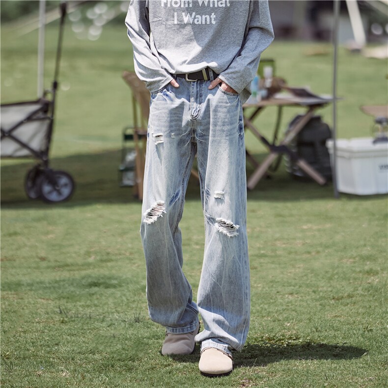 wassup happy美式破洞牛仔裤男春秋季潮牌设计感直筒裤休闲长裤子图片