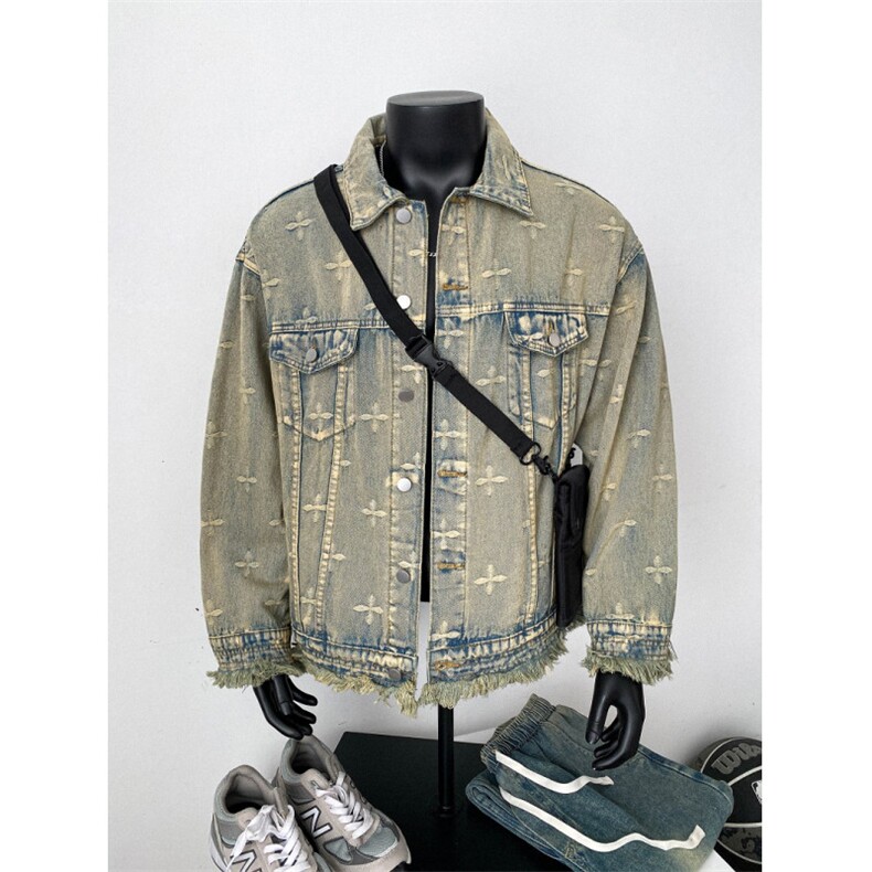 得物品质秋款男牛仔夹克衫十字架提花流苏宽松外套JK3559P80，男装工装外套，星座1013-1