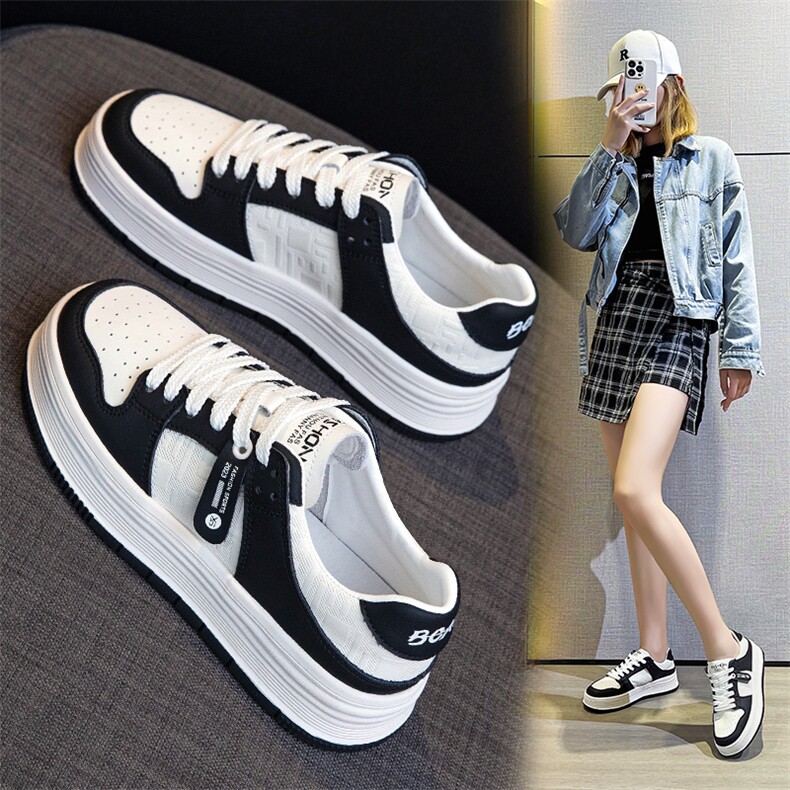真皮小白鞋女2023春秋款百搭厚底韩版板鞋休闲运动黑白熊猫鞋,女鞋休闲鞋,电商A223