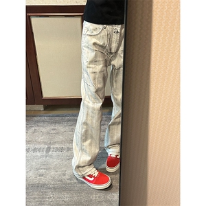 【有货】N1013LL-特P50 水墨做旧牛仔裤男白色微喇脏脏裤子图片