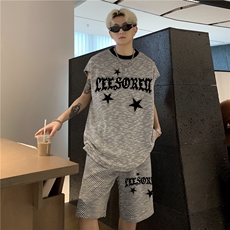 新款无袖T恤男夏季条纹背心休闲运动套装青少年帅气两件套特P55，男装T恤，电商C307
