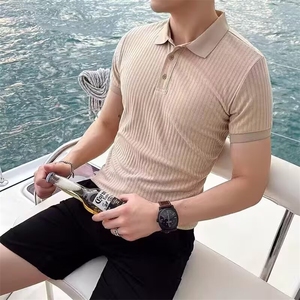 短袖polo衫男新款夏季修身肌肉轻熟商务休闲韩版竖条纹坑条t恤ins图片