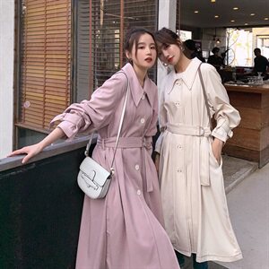 2024春装新款中长款英伦风简约风衣修身系带外套女连衣裙图片