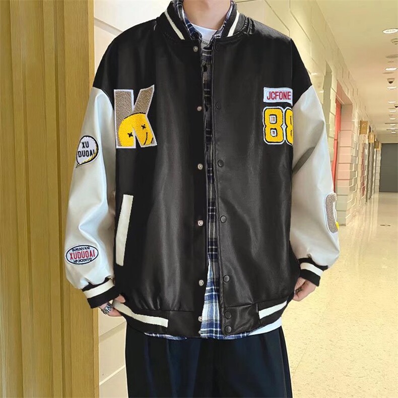 复古卡通刺绣棒球服皮夹克外套A68P65图片