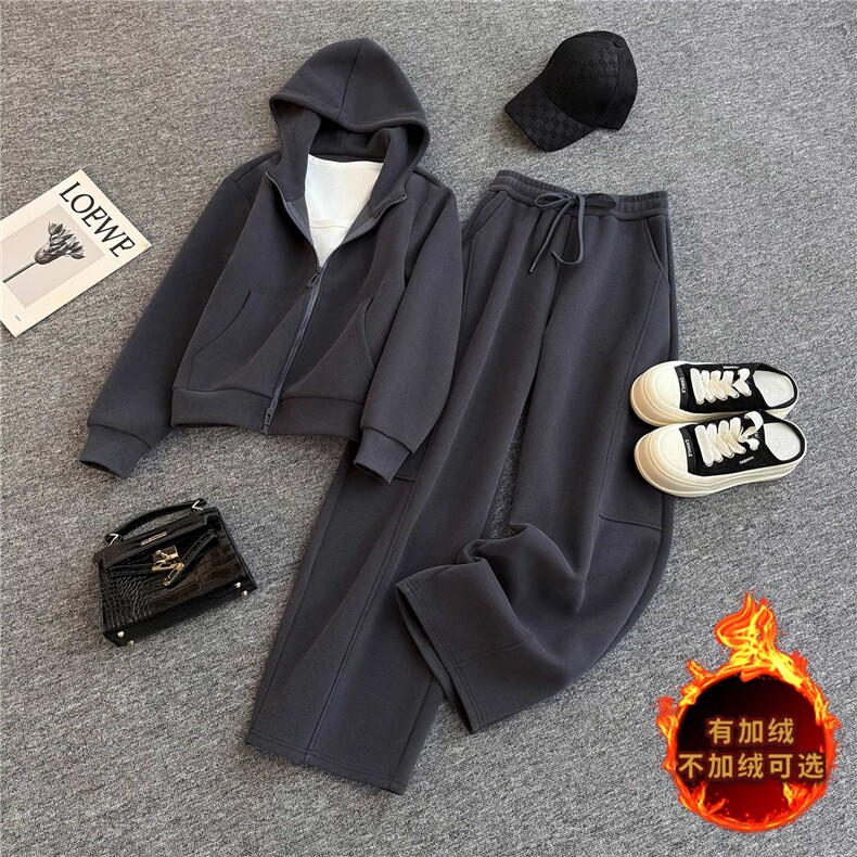 休闲运动套装女秋季新款修身短款卫衣内搭白色背心阔腿长裤三件套，女装套装/套裙，江南