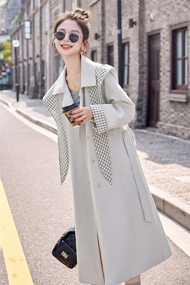 现货格纹拼接可拆卸风衣外套女2026秋季新款时尚气质宽松百搭大衣,女装风衣,依如秀(原杭风阁)