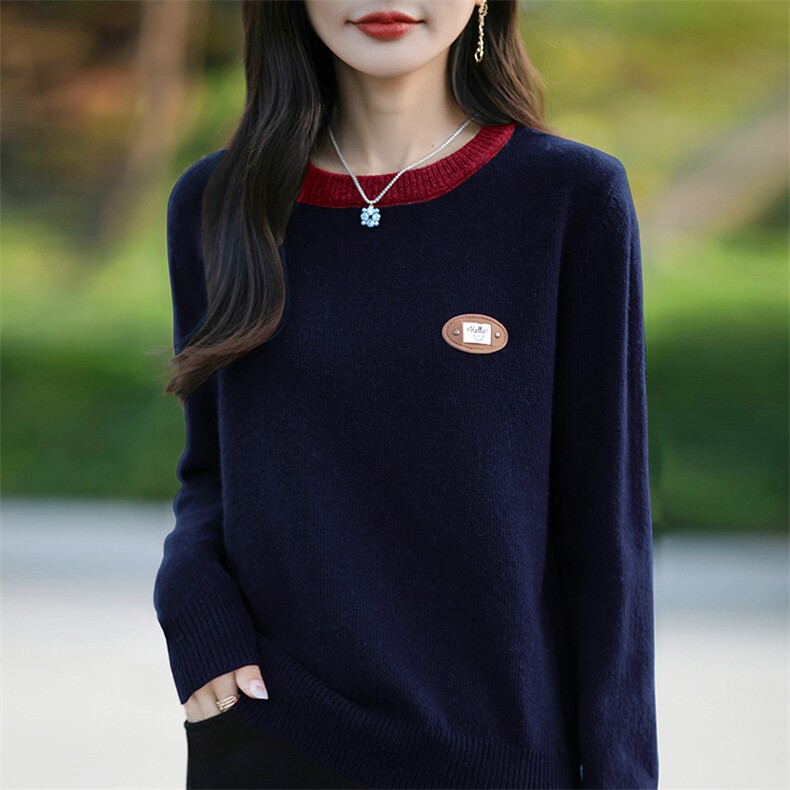 断码清仓新女圆领拼色刺绣加厚针织羊毛衫宽松打底衫,针织衫/毛衣,佳绒包芯纱店