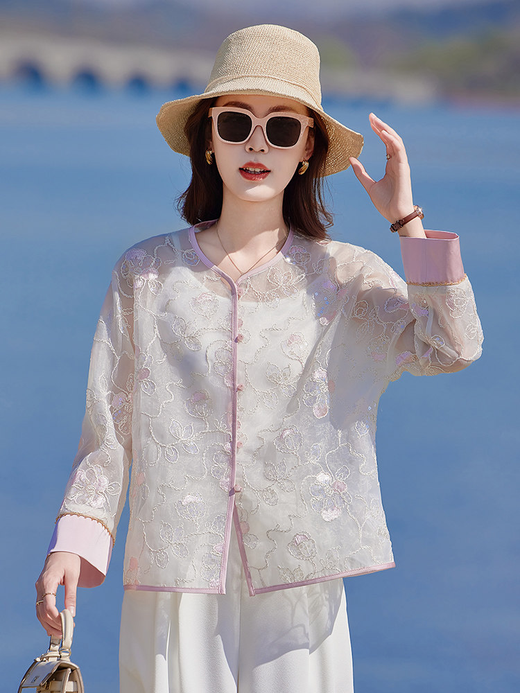 甜美小香风刺绣欧根纱薄外套女2025春夏新款气质百搭防晒开衫上衣,女装短外套,靓衣阁