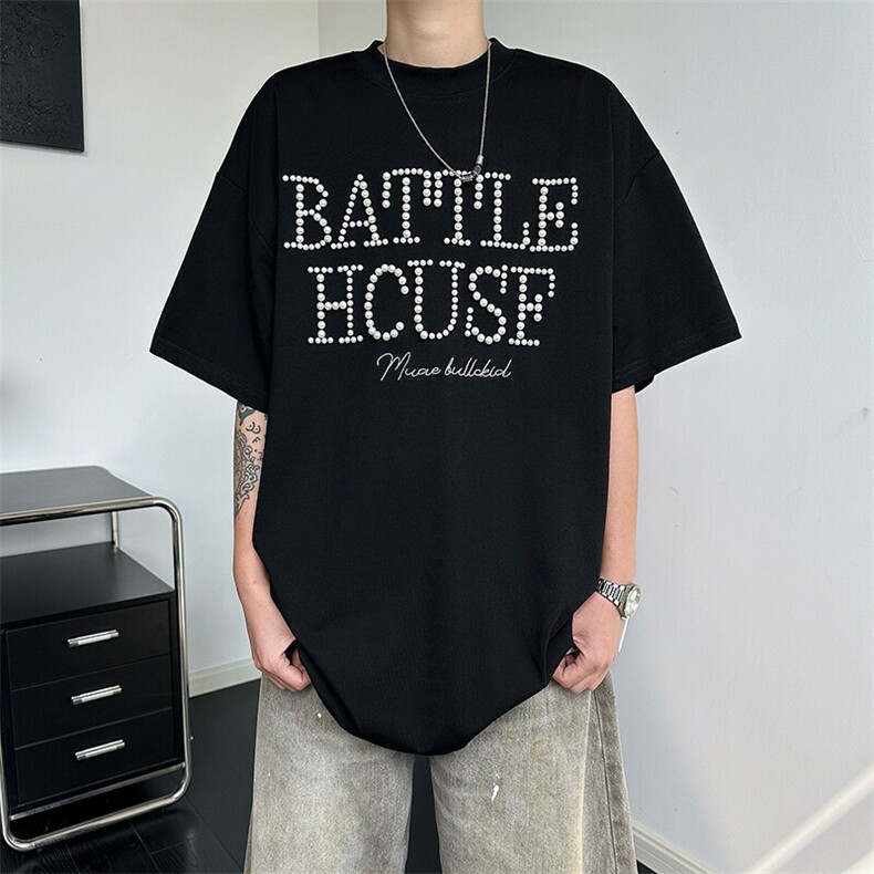 2025新款设计立体珍珠字母短袖t恤潮牌圆领体恤街头现货T1852-P40，男装T恤，星座512-4