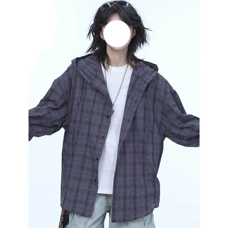 灰色连帽格子防晒衬衣男夏宽松休闲衬衫情侣薄款速干长袖外套,男装防晒衣,电商D256-2(原A064-2)