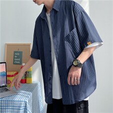 2022韩版竖条纹短袖衬衫bf风宽松休闲半袖男衬衣男W2991-P28，男装衬衫，星座512-2