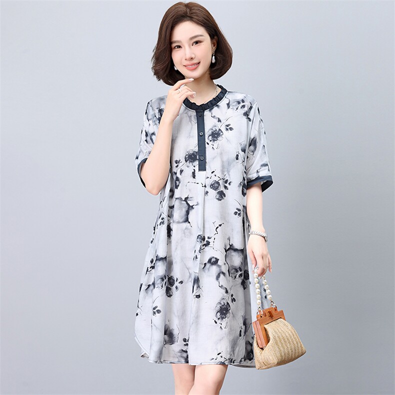 dpqb夏季冰丝印花连衣裙女短袖2025新款妈妈宽松显瘦遮肚休闲裙子,女装连衣裙,鑫鑫格