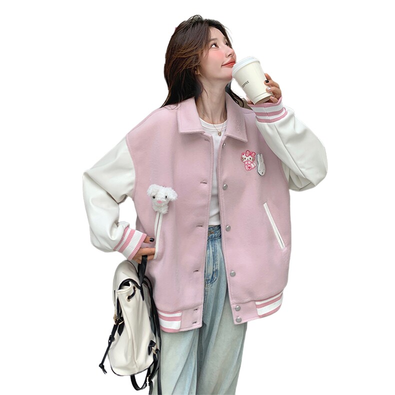 小众设计感立体撞色粉色棒球服女春秋季宽松多巴胺学院风可爱外套,女装毛呢外套,天使之佳话