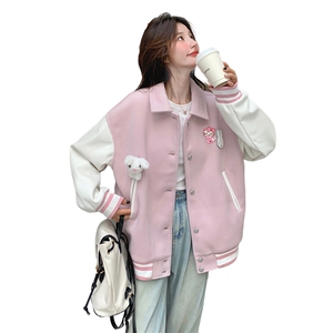 小众设计感立体撞色粉色棒球服女春秋季宽松多巴胺学院风可爱外套图片