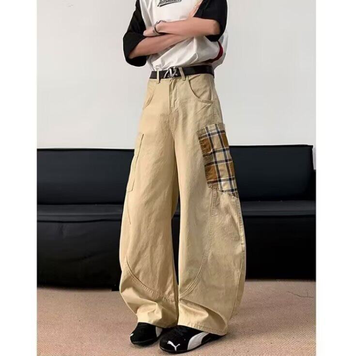 水洗格子拼接大口袋伐木工装裤男夏季美式复古宽松休闲裤XX989，男装工装外套，星座208-5