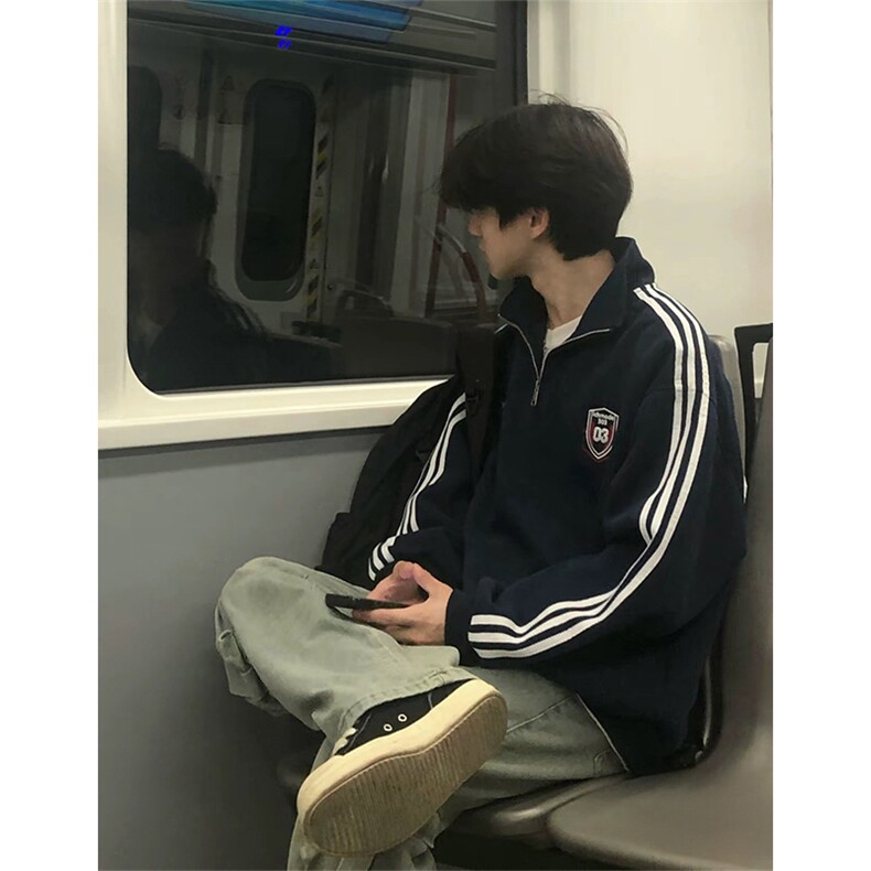 抖音得物美式全棉三条杠立领卫衣半拉链外套印花卫衣A2901,女装短外套,电商A443