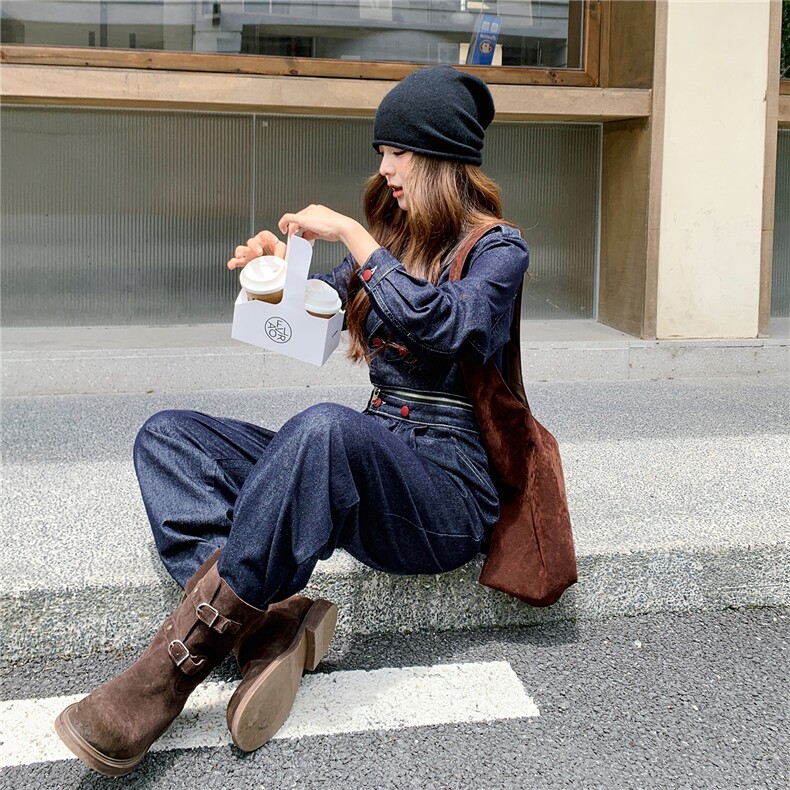(新款现货）2026春装活性牛仔面料肩章可脱卸两件套拉链连体裤，女装连体裤，印象茜