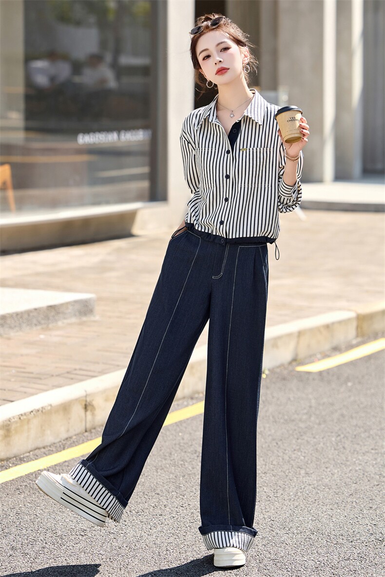 条纹衬衫牛仔阔腿裤套装女2025春秋新款韩版休闲减龄设计感两件套,女装套装/套裙,木子恋